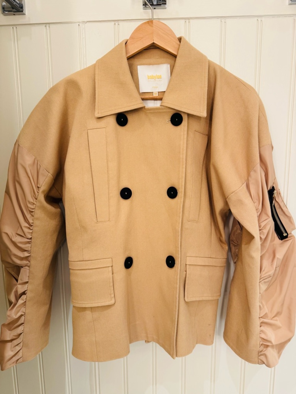 Babylon Italia Camel Statement Coat Ruched Sleeves IT 44 Size:8